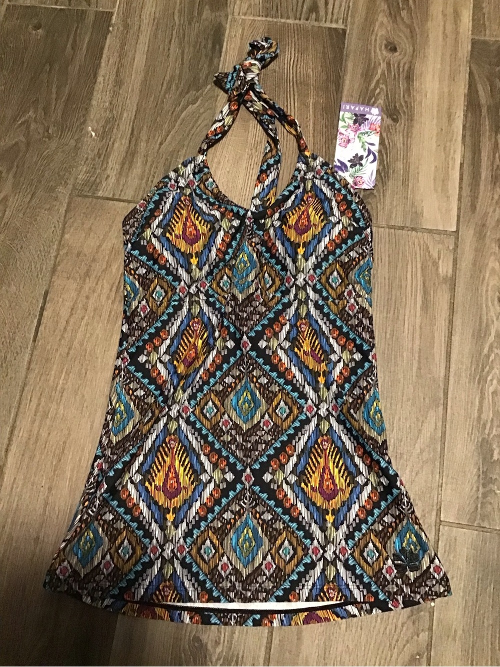 NWT! Hapari Black Tankini Top with Teal, Yellow & Orange Aztec Print